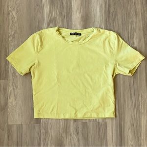 Zara/cropped short sleeve stretchy cotton shirt/ lime green/Womens/Med
